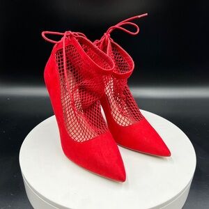 QUPID Red Fishnet Pumps